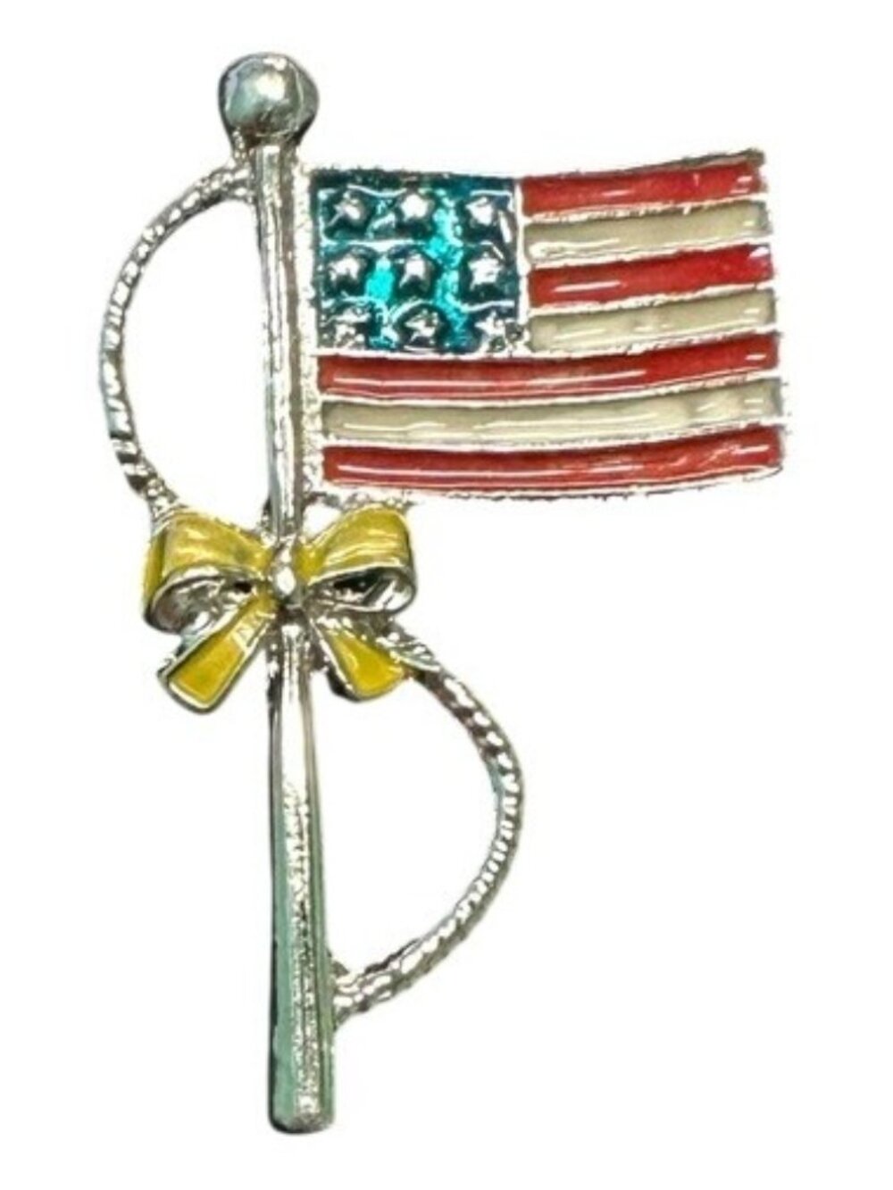American Flag Brooch Patriotic Pin Yellow Ribbon Enamel Silver Tone USA Jewelry